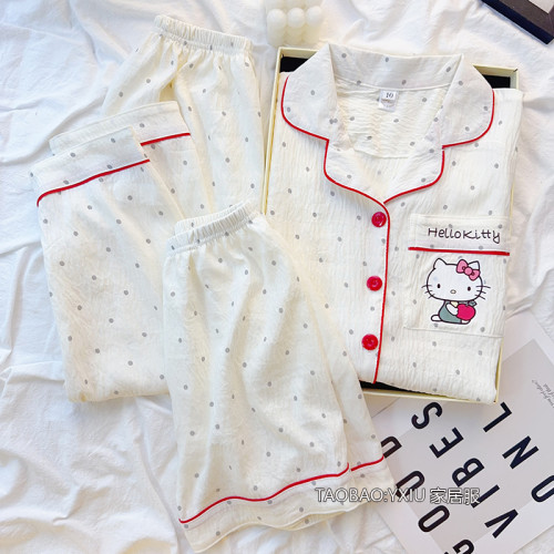 hellokitty兒童雲朵棉短袖開衫睡衣女童夏季薄款三件套大童親子裝