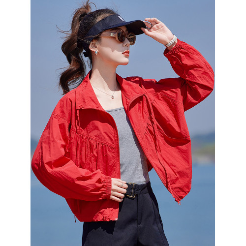 紅色防曬衣女薄款短外套女夏季2025新款小個子時尚透氣防曬服上衣
