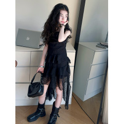 辣妹穿搭印花波點小飛袖連衣裙女童2025夏季設計感不規則拖尾長裙