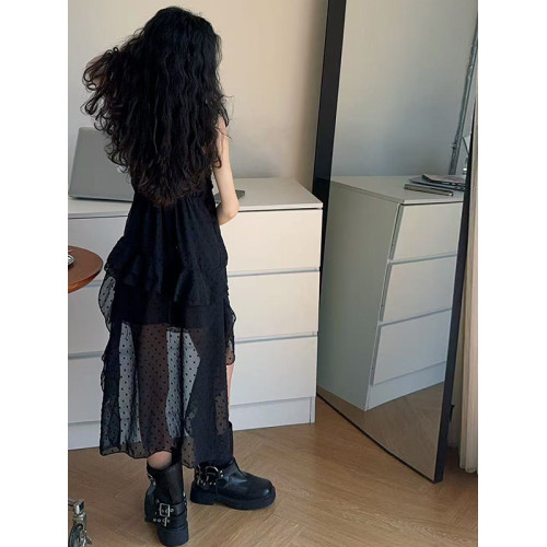 辣妹穿搭印花波點小飛袖連衣裙女童2025夏季設計感不規則拖尾長裙