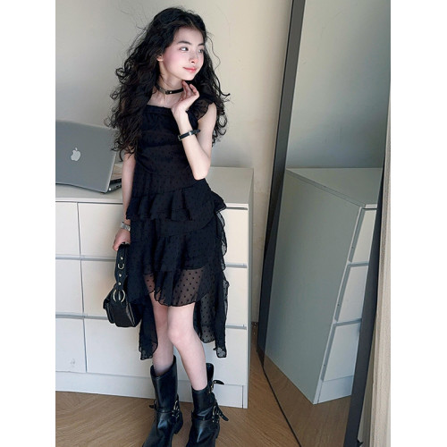 辣妹穿搭印花波點小飛袖連衣裙女童2025夏季設計感不規則拖尾長裙