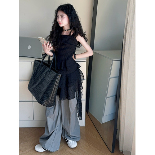 辣妹穿搭印花波點小飛袖連衣裙女童2025夏季設計感不規則拖尾長裙