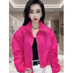 網紅洋氣防曬衣女潮款長袖立領抽繩設計純色時尚百搭休閒防曬外套