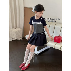 甜美女孩蕾絲拼接上衣2025新款洋氣女童夏裝兒童短袖T恤修身短款