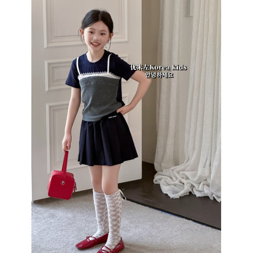 甜美女孩蕾絲拼接上衣2025新款洋氣女童夏裝兒童短袖T恤修身短款