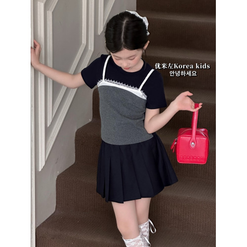 甜美女孩蕾絲拼接上衣2025新款洋氣女童夏裝兒童短袖T恤修身短款