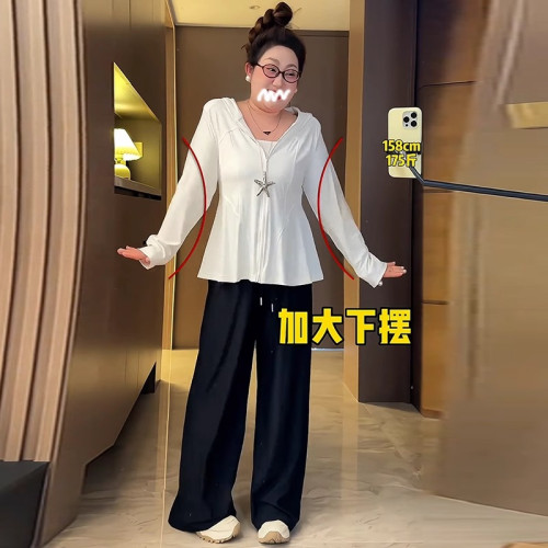 大碼掐腰冰絲防曬衣女夏季胖MM輕薄透氣連帽上衣寬松休閒顯瘦外套