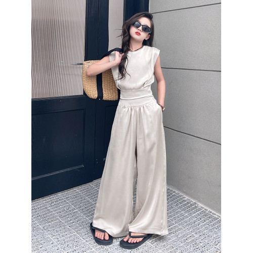 女童緞面夏季套裝2025新款洋氣時髦兒童無袖親子裝濶腿褲兩件套夏