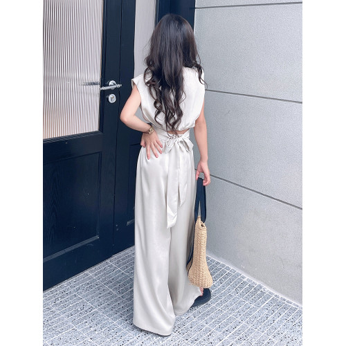女童緞面夏季套裝2025新款洋氣時髦兒童無袖親子裝濶腿褲兩件套夏