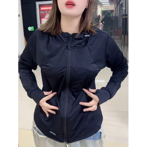 夏季款時尚純色連帽拉鍊款防曬衣女百搭顯瘦減齡上衣通勤防曬外套