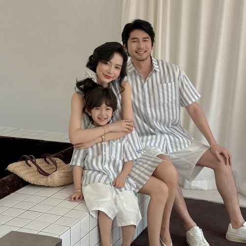 韓系男女童親子裝夏天一家三口司空母女裝條紋背心連衣裙兄妹套裝