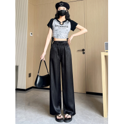 mjae新中式國風緞面提花白色濶腿褲女夏季高腰直筒褲小個子醋酸褲