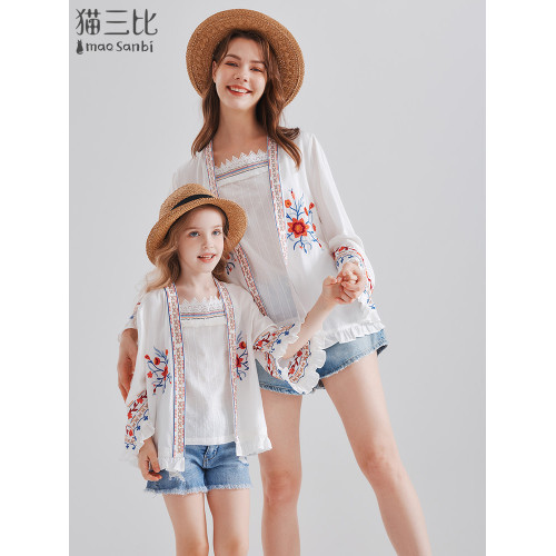度假海邊女童防曬衣親子裝夏季開衫綉花兒童外套雲南拍照披肩外搭