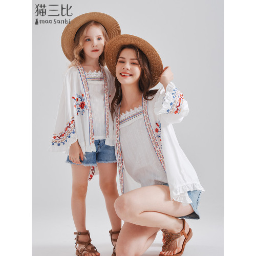 度假海邊女童防曬衣親子裝夏季開衫綉花兒童外套雲南拍照披肩外搭