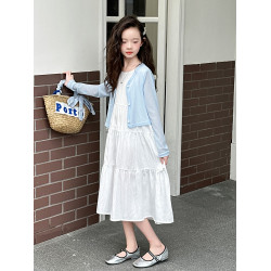 女童夏季連衣裙2025新款甜美度假風女孩百搭防曬衣背心裙子兩件套