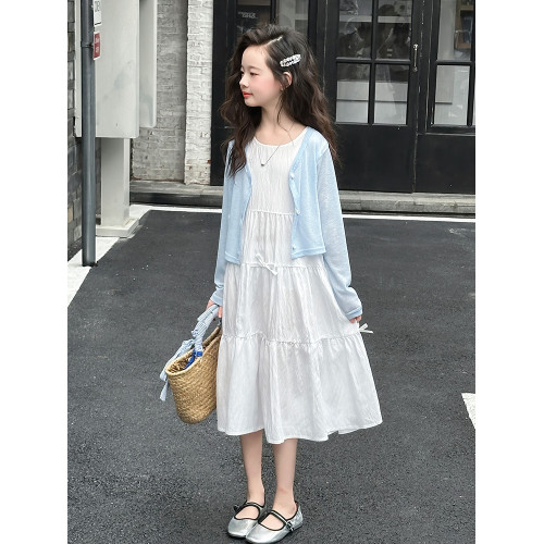 女童夏季連衣裙2025新款甜美度假風女孩百搭防曬衣背心裙子兩件套