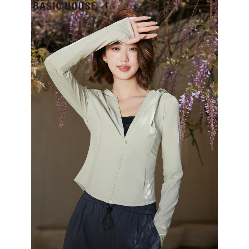 Basic House/百家好冰絲涼感防曬衣戶外連帽修身短款防曬服女夏季