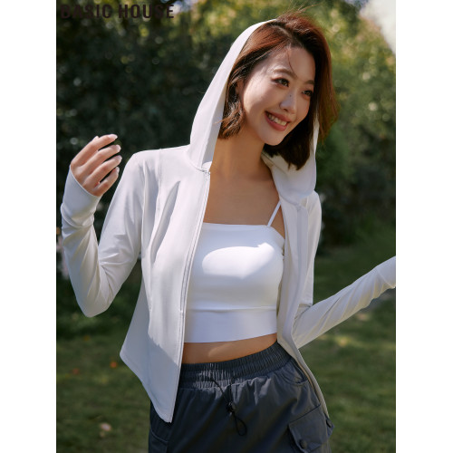 Basic House/百家好冰絲涼感防曬衣戶外連帽修身短款防曬服女夏季