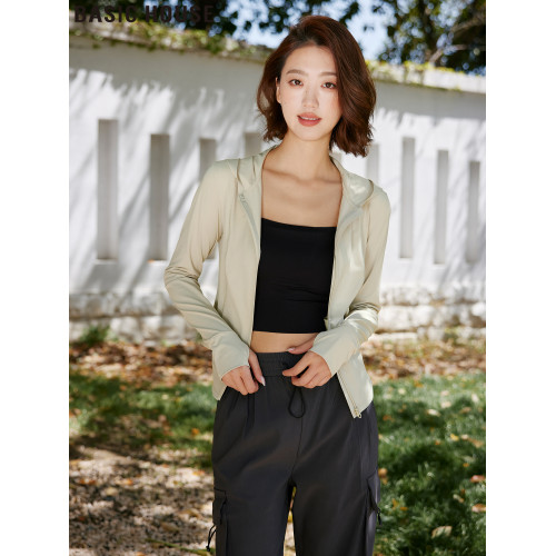 Basic House/百家好冰絲涼感防曬衣戶外連帽修身短款防曬服女夏季