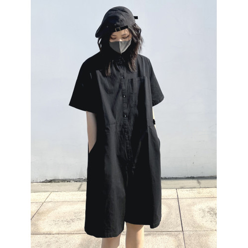 黑色寬松工裝連體褲暗黑系酷颯風女裝夏季薄款短袖襯衫短褲連體衣