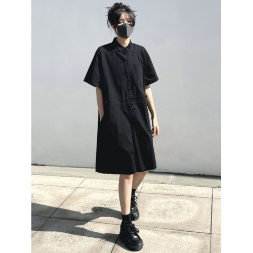 黑色寬松工裝連體褲暗黑系酷颯風女裝夏季薄款短袖襯衫短褲連體衣