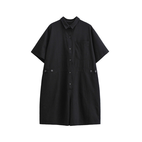 黑色寬松工裝連體褲暗黑系酷颯風女裝夏季薄款短袖襯衫短褲連體衣