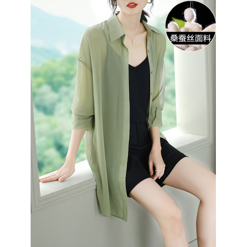 高級桑蠶絲防曬衣女2025夏季新款中長款寬松襯衣外搭真絲開衫上衣