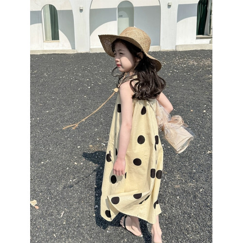 米素童裝夏季新款沙灘海邊氣質長裙女童波點無袖洋氣掛脖連衣裙子