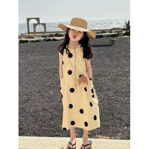 米素童裝夏季新款沙灘海邊氣質長裙女童波點無袖洋氣掛脖連衣裙子