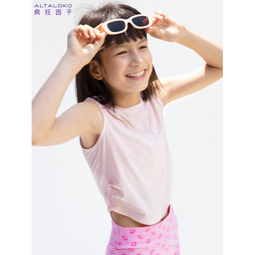 瘋狂因子兒童抽褶背心女童抗菌吸溼透氣無袖T恤夏季薄款速乾上衣