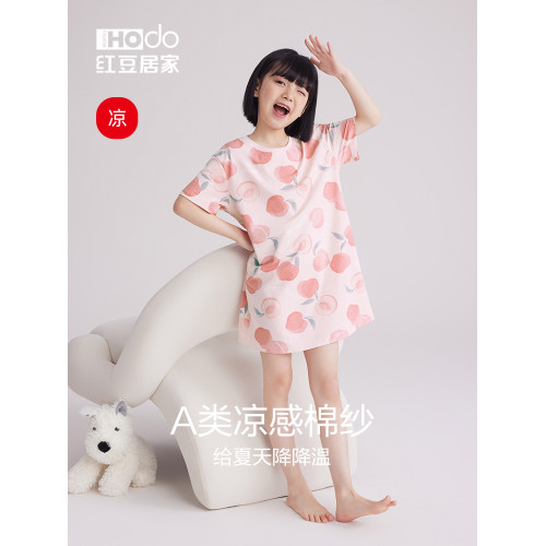 紅豆女童睡裙親子裝女孩兒童純棉寶寶印花短袖睡衣2024夏季新款