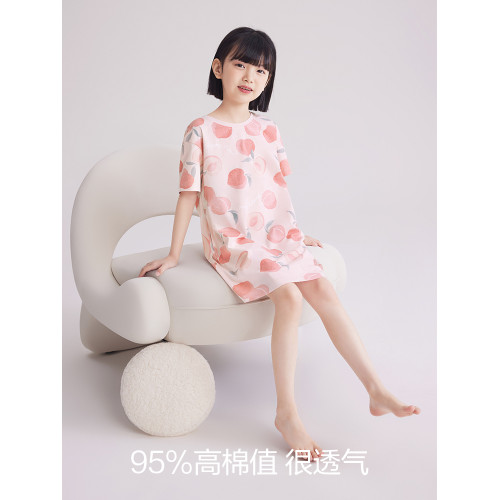 紅豆女童睡裙親子裝女孩兒童純棉寶寶印花短袖睡衣2024夏季新款