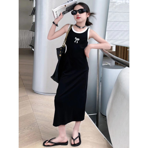 黑色顯瘦慵懶風吊帶連衣裙女童2025夏季休閒露腰設計辣妹背心長裙