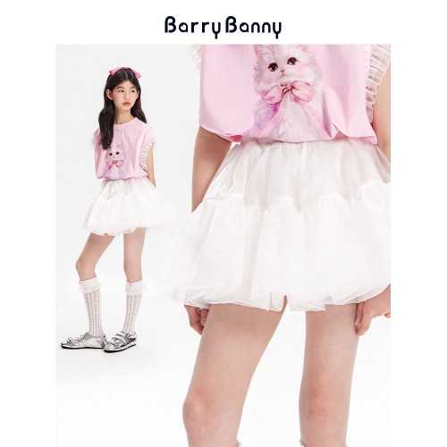 BarryBanny女童蓬蓬蛋糕裙2025夏季新款女孩短裙白色紗裙仙女裙