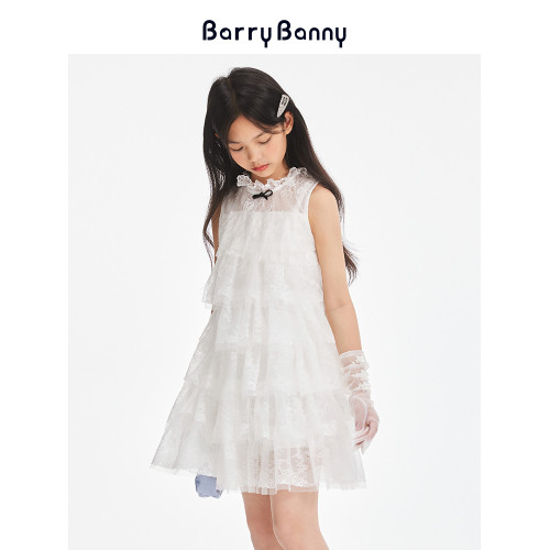 BarryBanny女童蕾絲網紗連衣裙夏季新款兒童無袖甜美透氣公主裙