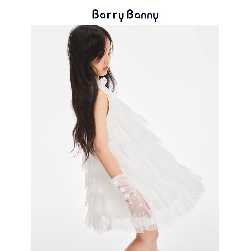 BarryBanny女童蕾絲網紗連衣裙夏季新款兒童無袖甜美透氣公主裙