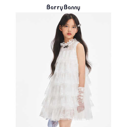 BarryBanny女童蕾絲網紗連衣裙夏季新款兒童無袖甜美透氣公主裙