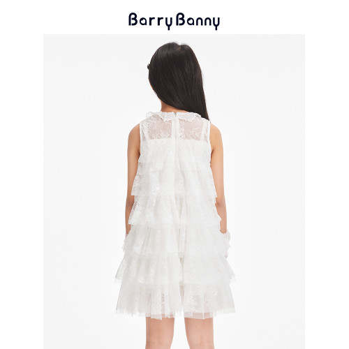 BarryBanny女童蕾絲網紗連衣裙夏季新款兒童無袖甜美透氣公主裙