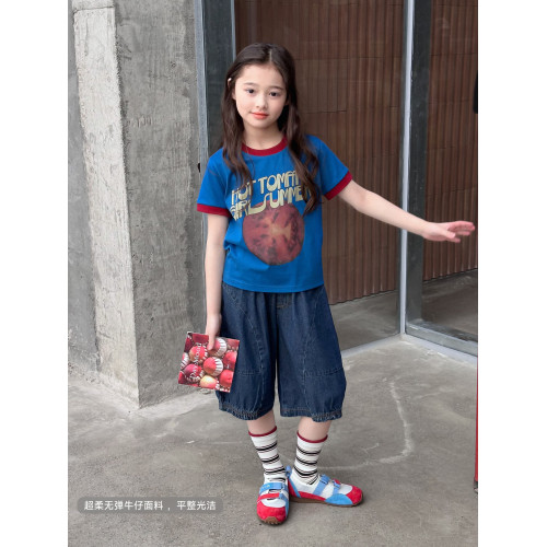 【五分褲】藍小爸童裝女童牛仔中褲夏季新款兒童時尚休閒百搭褲子