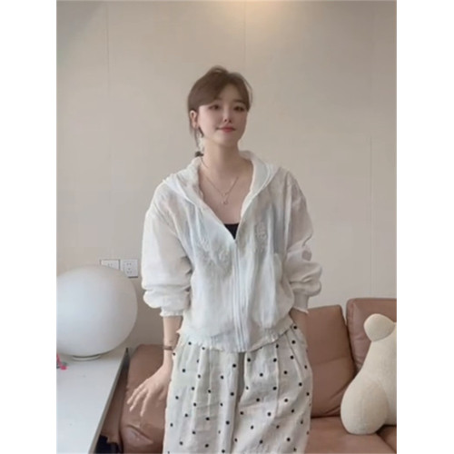韓系連帽薄款防曬衣外套女2025夏季寬松減齡輕薄透氣刺綉苧麻上衣