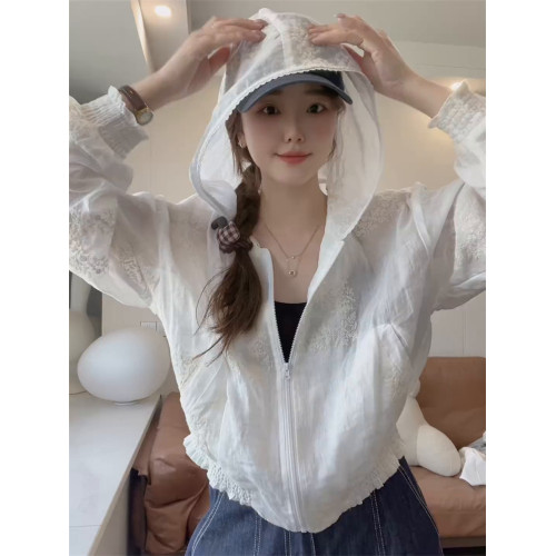 韓系連帽薄款防曬衣外套女2025夏季寬松減齡輕薄透氣刺綉苧麻上衣