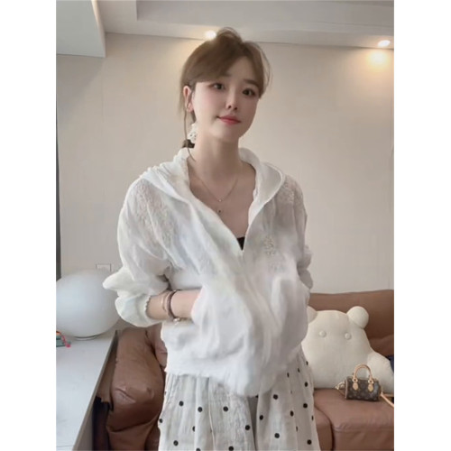 韓系連帽薄款防曬衣外套女2025夏季寬松減齡輕薄透氣刺綉苧麻上衣