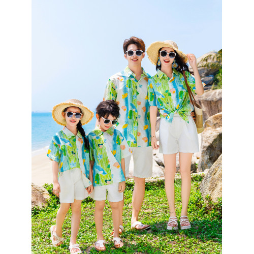 海邊度假親子裝一家三四口夏裝短袖襯衫小清新油畫母女母子沙灘裝