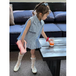 女童夏季連衣裙2025新款韓版童裝學院風襯衫領單排釦百褶背心裙子