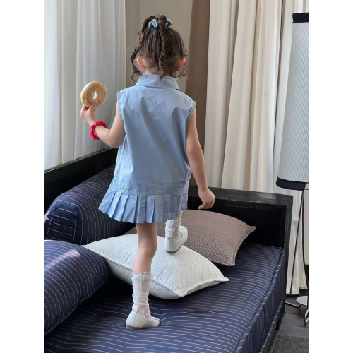女童夏季連衣裙2025新款韓版童裝學院風襯衫領單排釦百褶背心裙子