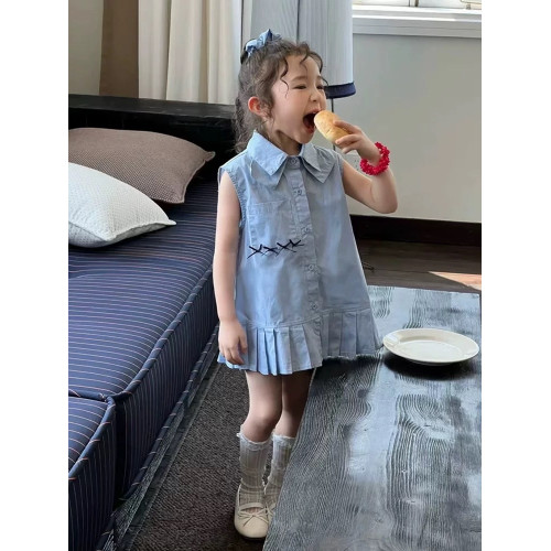 女童夏季連衣裙2025新款韓版童裝學院風襯衫領單排釦百褶背心裙子