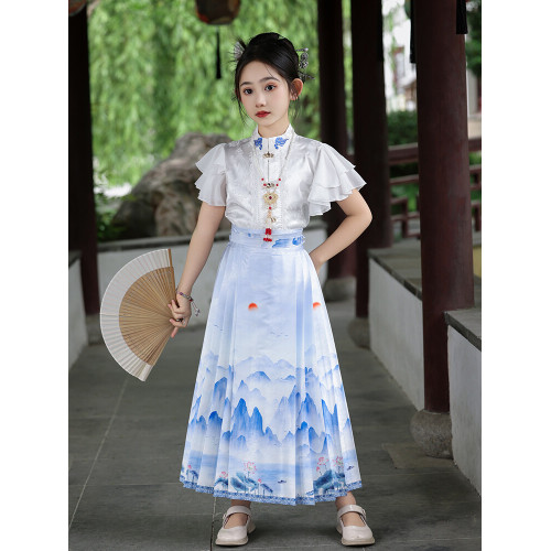 女童馬面裙套裝2025新款青花瓷連衣裙親子裝漢服風兒童表演服