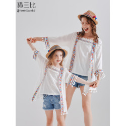 度假刺綉防曬衫親子裝夏季兒童沙漠草原旅遊開衫女童防曬外套薄款