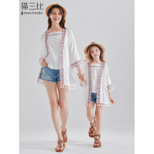度假刺綉防曬衫親子裝夏季兒童沙漠草原旅遊開衫女童防曬外套薄款