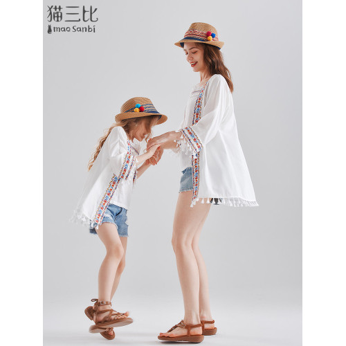 度假刺綉防曬衫親子裝夏季兒童沙漠草原旅遊開衫女童防曬外套薄款